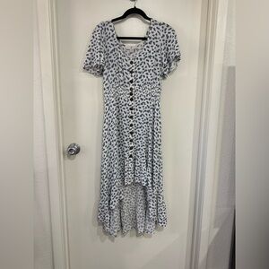 Sears Floral High Low Midi Dress L Blue White Boho Smocked Waist Button Front
